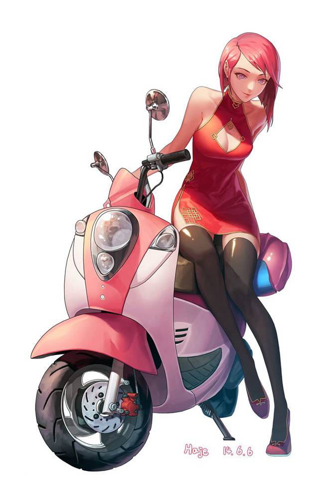 骑摩托车的少女插画