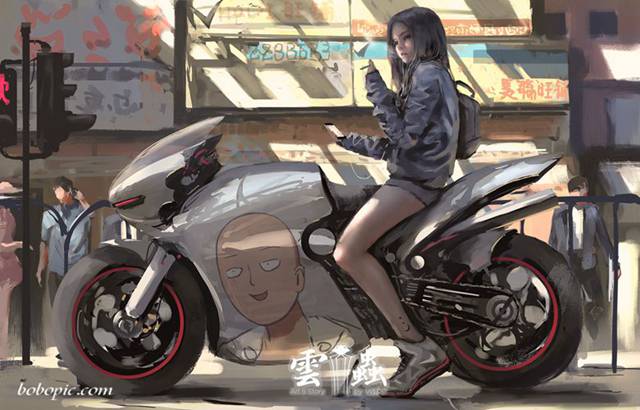 骑摩托车的少女插画